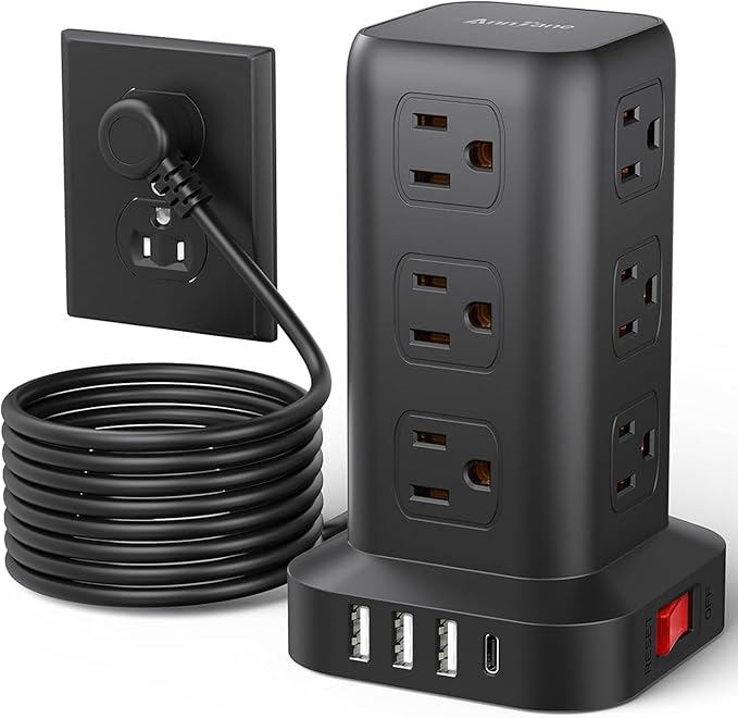 Surge Protector Power Strip 10 FT Cord, Power Strip Tower with 4 USB Ports (1USB C), Extension Cord with 12 AC Multiple Outlets, Home Office Supplies Desk Accessories, Dorm Room Essentials