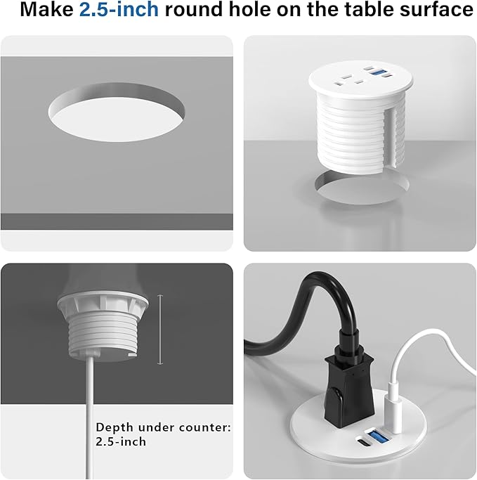 2.5 inch Power Grommet,20W USB-C Charging,1 Outlet with 2 USB C,1 USB Port,Furniture Flush Mount for Desktop,Recessed Power Strip,Workspace Essential Desk Outlet (White, 10 FT)