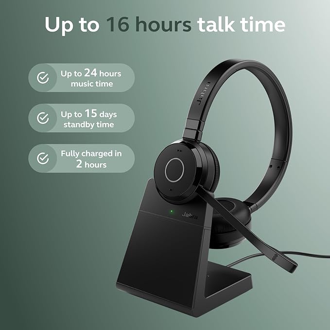 Jabra Evolve 65 TE (Third Edition) Wireless Dual-Ear Headphones w/Charging Stand - Noise-Canceling Mic, 16 hr Battery Life, Dual Connectivity, MS Teams Certified, Supports Other Platforms, Black