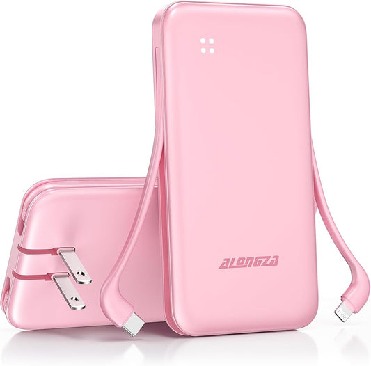 Alongza Portable Charger Built-in Cables and AC Wall Plug, Slim Fast Charging Power Bank 10000mAh, Lightweight USB C External Battery Pack Compact Travel Cell Phone Charger