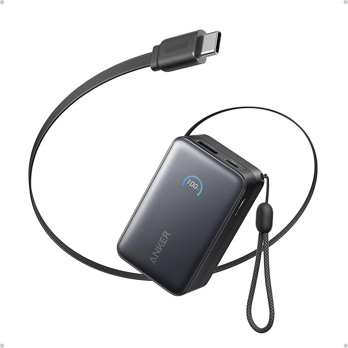 Anker Nano Portable Charger, 10,000mAh 45W Max Compact Power Bank, Travel Essential Phone Battery Pack with 2.3 ft InstaCord Retractable Cable for iPhone 17/16 Series, iPad, Galaxy, Pixel, and More