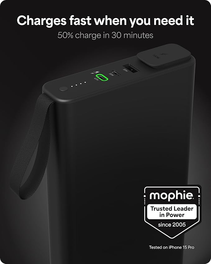 mophie powerstation pro AC (2023)-27,000 mAh External Battery compatbile With MacBook&iPad Portable PD battery with 100W of AC&60W USB-C Fast Charge integrated carry strap-USB-C cable included, Black