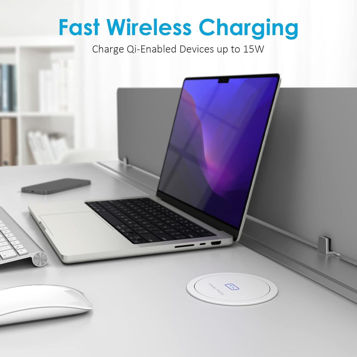 Jgstkcity Pop Up Outlet with 15W Wireless Charger,4 Outlets 15A, Splash Resistant,3 inch Desk Hole Power Grommet,Space Saver Outlet for Kitchen Countertop,Office Conference Table,ETL Listed