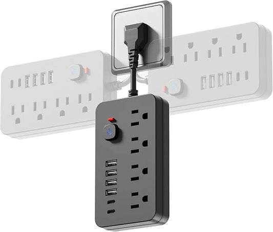 Power Strip Surge Protector Extension Cord - Chiefway 4 AC Outlets, 6 USB Ports (2 USB C) Short Cord Outlet Extender, with One-Touch Switch, Wall Mountable for Home Office Travel Dorm, Black