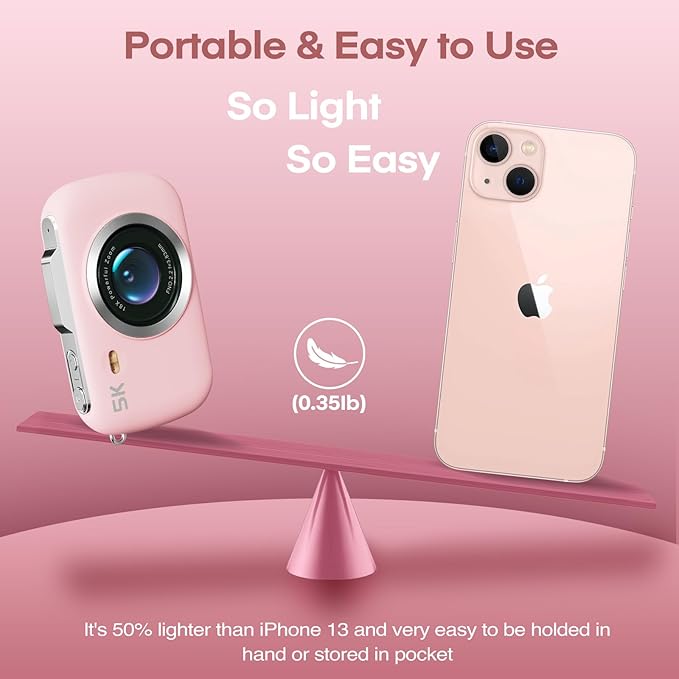 Digital Camera,5K Cameras for Photography,80MP UHD Portable Vlogging Camera,Cheap 18X Zoom Travel Point and Shoot Camera with 32GB TF Card,Photography Cameras for Beginners Teen - Pink