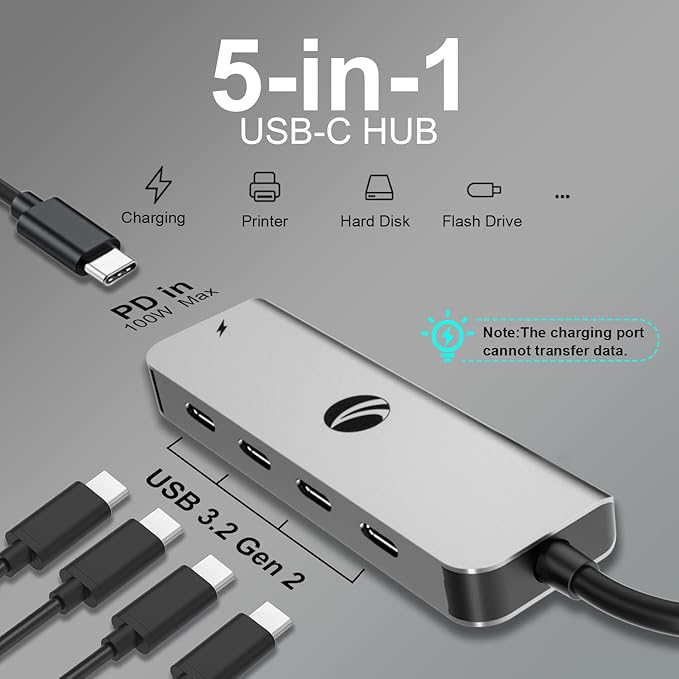 VCOM 10Gbps USB C Hub，5 Ports USB 3.2 Gen 2 Splitter with 100W Power Delivery，Aluminum USB Type C to USB Hub Multiport Adapter for MacBook Pro/Air and More Thunderbolt/USB C Laptop (Gray)