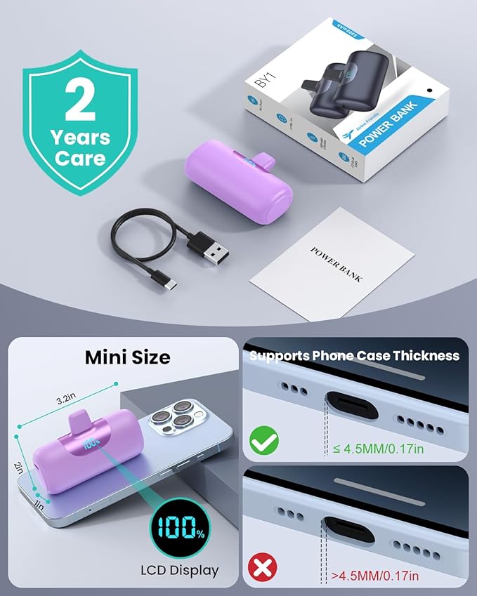 Mini Portable Charger for iPhone,Upgraded 22.5W PD Fast Charging 5500mAh Ultra-Compact Power Bank,LCD Display Plug-in Cute Battery Pack Travel Essentials for iPhone 14/14Pro/13/12/11/X/8/7/6 (Purple)