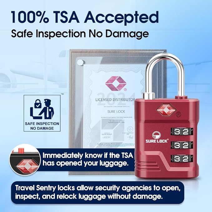SURE LOCK TSA Locks for Luggage, TSA Approved Luggage Locks with Open Alert, TSA008 Key for High Security, Easy Read Dials, Zinc Alloy Body, Locker Lock for Suitcase, Gym, Travel(Red 2 pk)