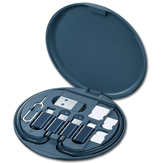 Multi USB Charging Adapter Cable Kit, USB C to iOS Device Adapter Box, Conversion Set A & Type C to Male Micro/Type C/iOS Device, Data Transfer, Card Storage, Tray Eject Pin, Phone Holder (Blue)