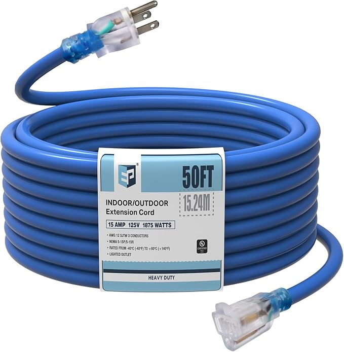 EP 50Ft Outdoor Extension Cord, 12/3 SJTW Heavy Duty Waterproof Power Cable, 3 Prong Grounded Plug, Lighted End, for Lawn, Garden, Appliances, Blue