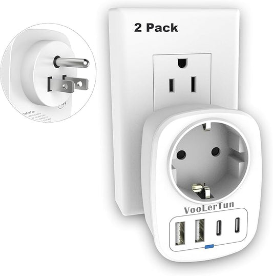 EU to US Plug Adapter 2 Packs, European Type C/E/F to US Travel Plug Adapter with 1 Europe AC Outlets, 4 USB Charger Ports (2 USB C), for Most of Europe Germany France Spain
