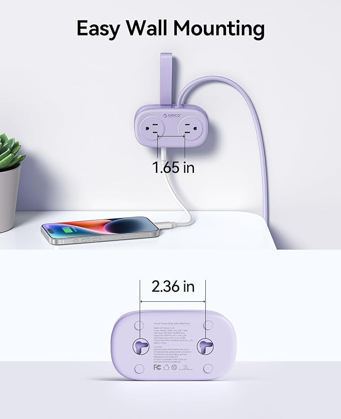 ORICO 4FT Purple Travel Power Strip with 4 AC Outlets, 2 USB-A Ports, and 1 USB-C Port, 45° Flat Plug Extension Cord with Non Surge Protector for Travel/Home/Dorm/Office-AP3