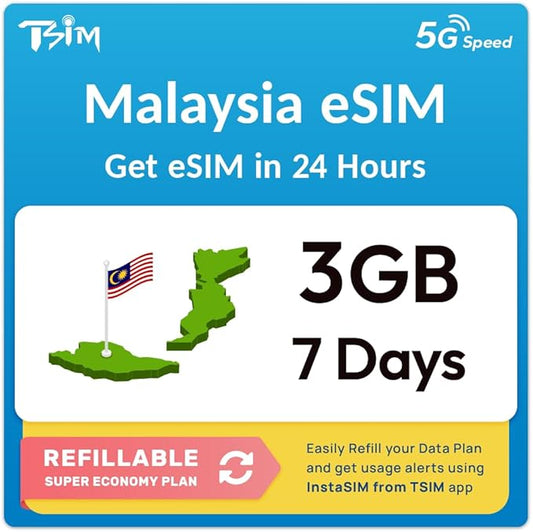 Malaysia eSIM | 7 Days 3GB | Auto Activation |QR Code Sent via Email in 24Hrs - Scan & Use Immediately y | Hotspot Allowed | No Phone Number | Refillable Plan via Insta Sim App