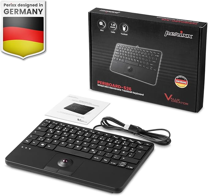 Perixx PERIBOARD-526 US, Wired Mini USB Keyboard with Trackball - X Type Scissor Keys - 11.18x7.17x1.1 Inches - Build-in 2 USB Hubs - US English