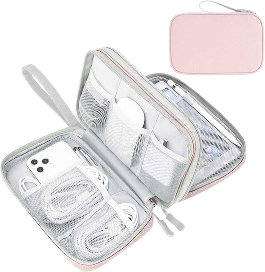 FYY Electronic Organizer, Large Travel Cable Organizer Bag Pouch Electronic Accessories Carry Case Portable Waterproof Double Layers All-in-One Storage Bag for Cable, Cord, Charger, Phone, Light Pink