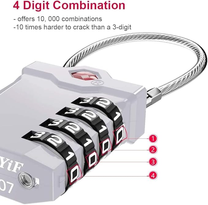 ZHEGE TSA Luggage Locks, Travel Locks for Suitcase with Inspection Open Alert, TSA Locks for Luggage 4 Digit for Backpack, Baggage, White Number Padlock for Locker (2 Pack, Silver)