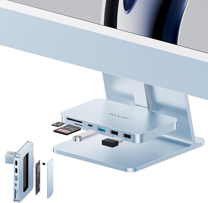 iMac Accessories for iMac24 inch 2021/2023/2024, PULWTOP iMac Hub with M.2 NVMe SSD Enclosure, i-Mac USB C Hub USB A/C 10Gbps, SD/TF, i-Mac USB Adapter for iMac24 M1/M3/M4 or Studio Display 27 inch