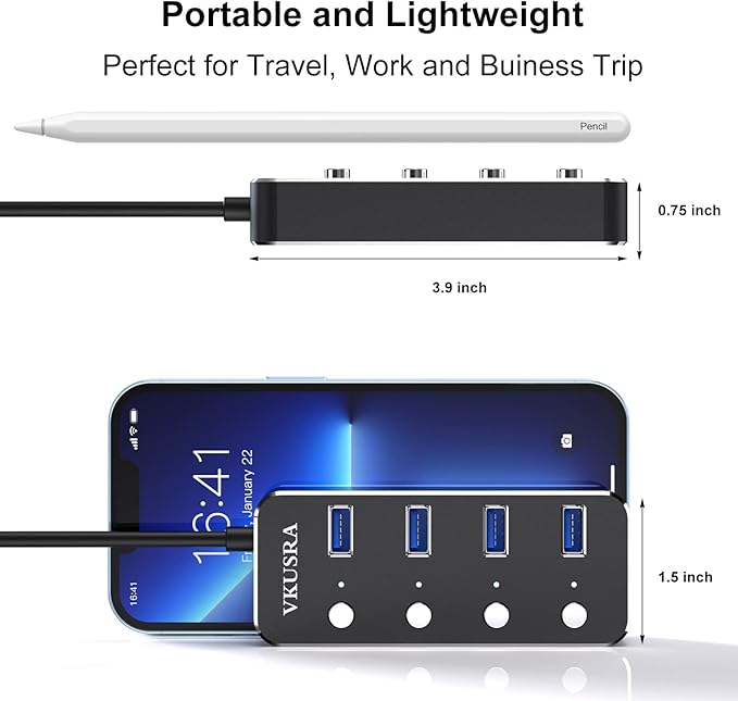 USB Hub,VKUSRA 4 Port USB 3.0 Hub Splitter with 4ft USB Long Cable and Individual LED On/Off Switch,USB Port Expander for Laptop PC