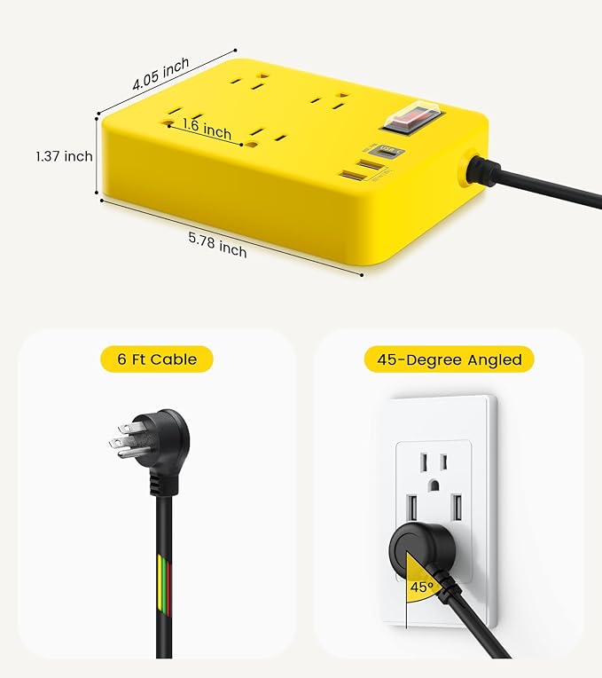 Outdoor Power Strip Weatherproof,Fast Charging Station 20W USB C,Waterproof Surge Protector 4 Outlets, Multi Outlet Extension for Camping, Garden, Kitchen,Bathroom,Flat Plug (Yellow, 6 FT Cable)