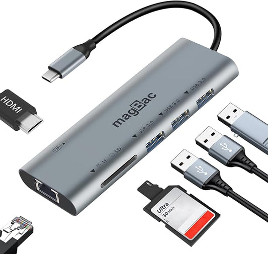 MagBac USB C Docking Station 7 in 1 USB C HUB Multiport Adapter with 3 5Gbps USB A Port, 1 HDMI 4K@30Hz, Gigabit Ethernet, SD/TF Card Slot for Windows and MacOS Laptop with Full-Featured Type C Port