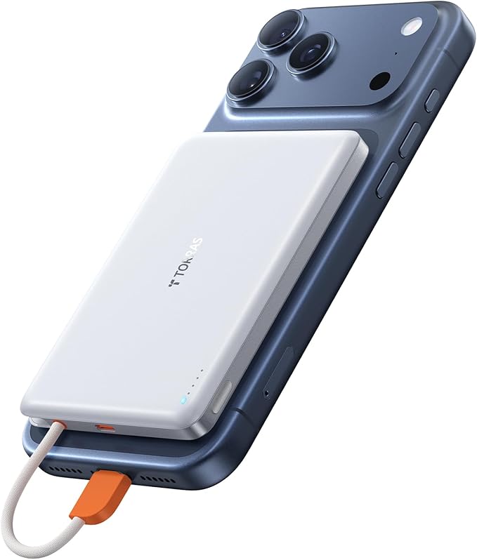 TORRAS Power Bank with Built-in USB-C Cable, Ultra-Slim 10,000mAh Portable Charger USB C, 22.5W Fast Charging Battery Pack for iPhone 17/16/15 Series, Phone air, Galaxy, Pixel, White (No-Wireless)