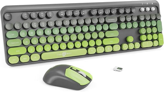 FD Wireless Keyboard and Mouse Combo | Cute Colorful Keyboard and Mouse with 2.4GHz Cordless Retro Typewriter Keyboard | Auto-Sleep | USB Receiver for Windows PC/Laptop - Grey Green Gradient