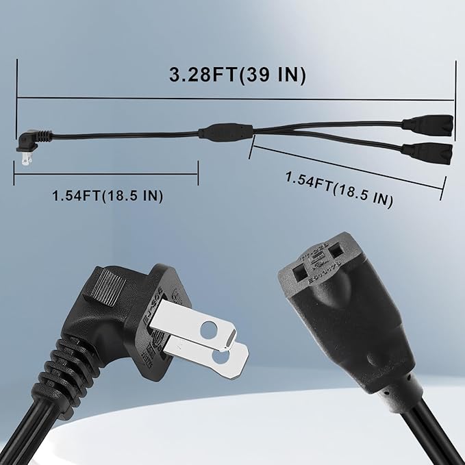 3FT Extension Cord Splitter- 2 Way Outlet Splitter Extension Cords 2 Prong with Right Angle Plug,Thin Design for Indoor/Outdoor Use, Christmas Lights & Home Appliances,Black