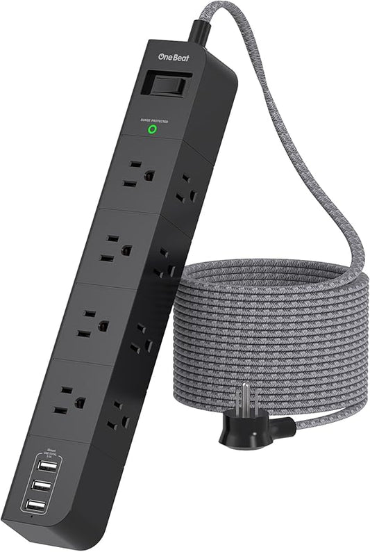 One Beat 10 ft Extension Cord,Power Strip Surge Protector 8 Widely AC Outlets 3 USB,Flat Plug,Desktop Charging Station with Overload Protection,Wall Mount for Home,Office,Computer ETL Listed,Black