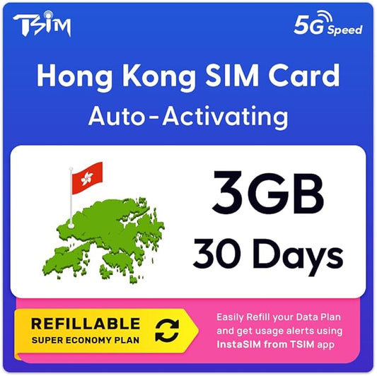 Hong Kong SIM Card | 3GB Super Economy Refillable Plan! Auto Activating 30 Day Validity | 5G Speed + Hotspot | Data-Only No Phone Number