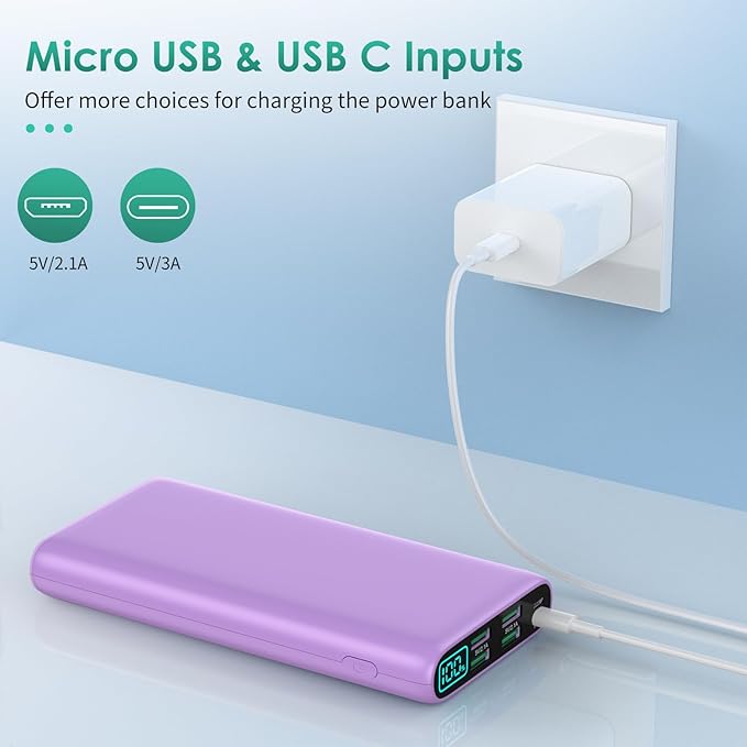 Portable Charger 38800mAh,LCD Display Power Bank,5 USB Outputs Battery Pack Backup,USB-C in&out Dual Input Phone Charging Compatible with iPhone 16/15/14 Pro,Android Samsung Galaxy Pixel Nexus-Purple