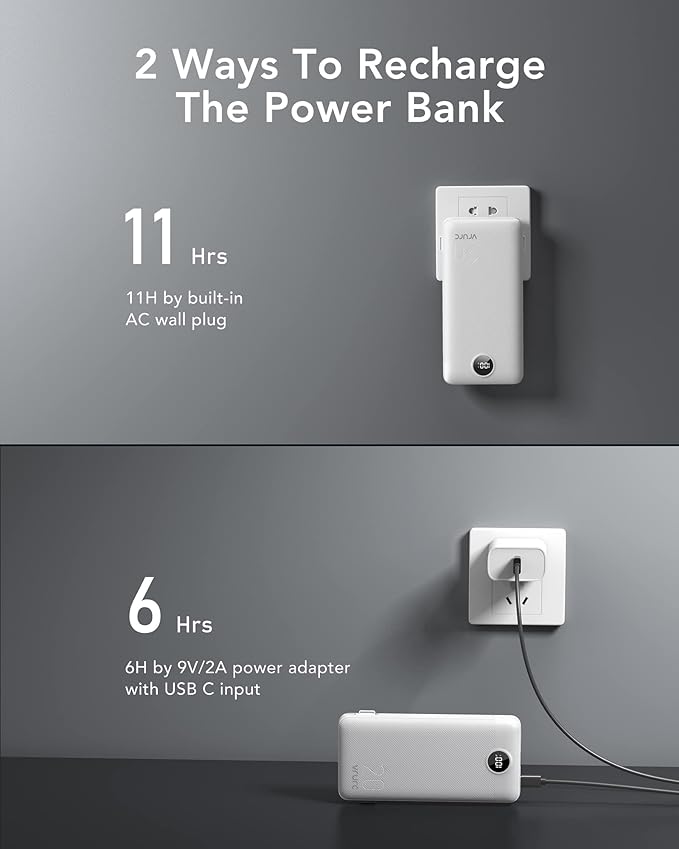 VRURC Power Bank 20000mAh, Fast Charging Portable Charger USB C,4 Output 2 Input Travel Essentials Charging Bank Equipped with LED Display,Built-in Wall Plug and Cables,Phone Charger Battery,White