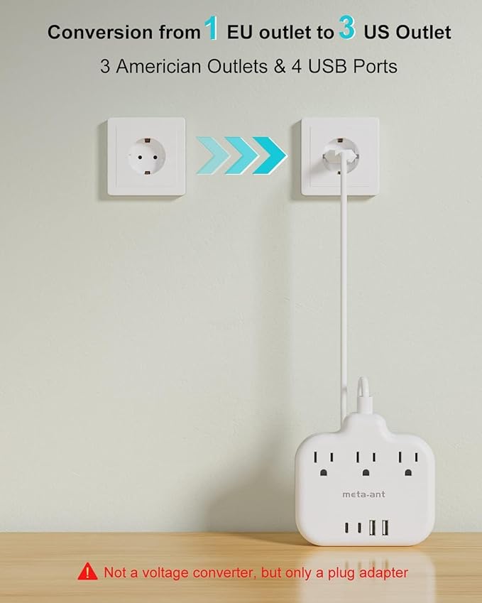 European Travel Plug Adapter, US to Europe Plug Adapter with 3 Outlets & 4 USB(2 USB-C), 5ft European Power Cord, International Power Strip, Type C for Europe EU Germany France, Travel, White
