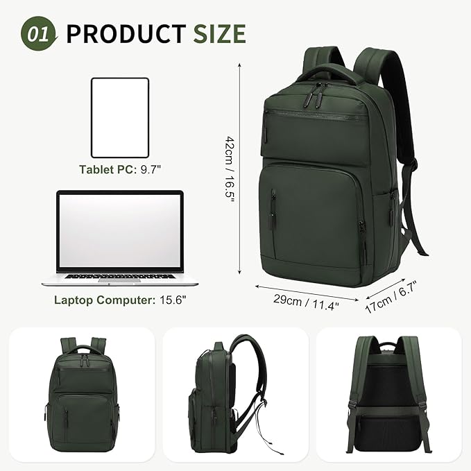 Waterproof Laptop Backpack for Men & Women, Flight Approved Anti-Theft Daypack with 15.6-inch Laptop Sleeve (Green)