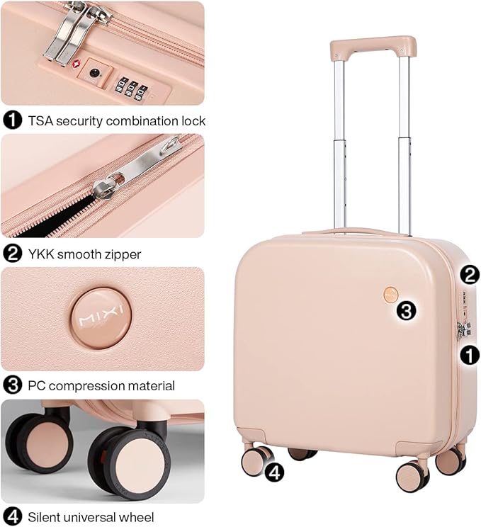 mixi Carry on Luggage, Suitcase with Spinner Wheels 16in Luggage Hardshell Lightweight Rolling Suitcases PC with Cover & TSA Lock, Pink