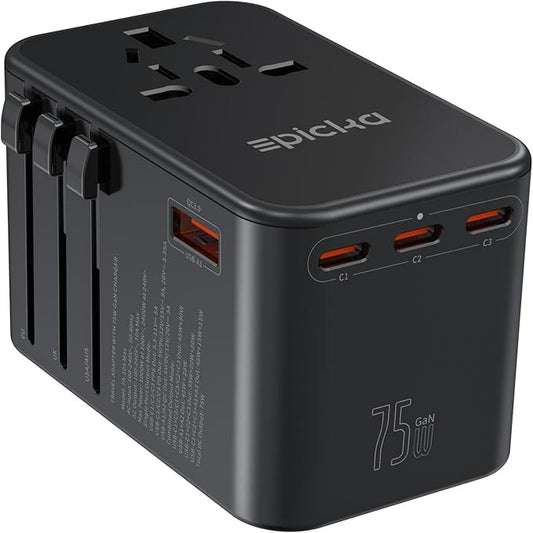 EPICKA Universal Travel Adapter, GaN 75W International Plug Adapter with 3 USB-C PD Fast Charging & 2 USB-A Quick Charging Adaptor All-in-one Wall Charger for USA EU UK AUS (TA-105 Max, Black)