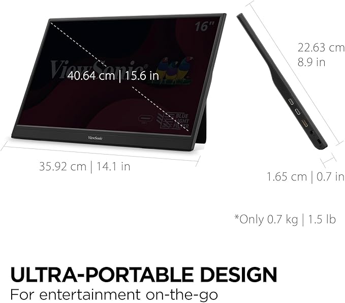 ViewSonic VA1653 16 Inch 1080p FHD IPS Portable Monitor with Eye Care, Built-in Stand, USB C, Mini HDMI, and Protective Case External Second Screen for Laptops, PC, Mac, and Gaming Consoles