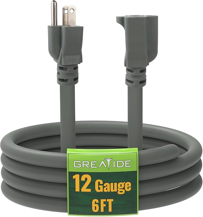 6 Ft Outdoor Extension Cord - 12/3 SJTW Heavy Duty Grey Extension Cable with 3 Prong Grounded Plug - Power Cord for Lawn, Garden, Appliances