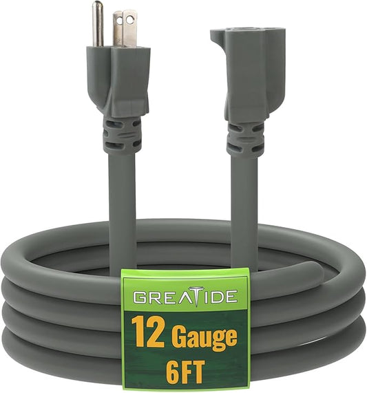 6 Ft Outdoor Extension Cord - 12/3 SJTW Heavy Duty Grey Extension Cable with 3 Prong Grounded Plug - Power Cord for Lawn, Garden, Appliances