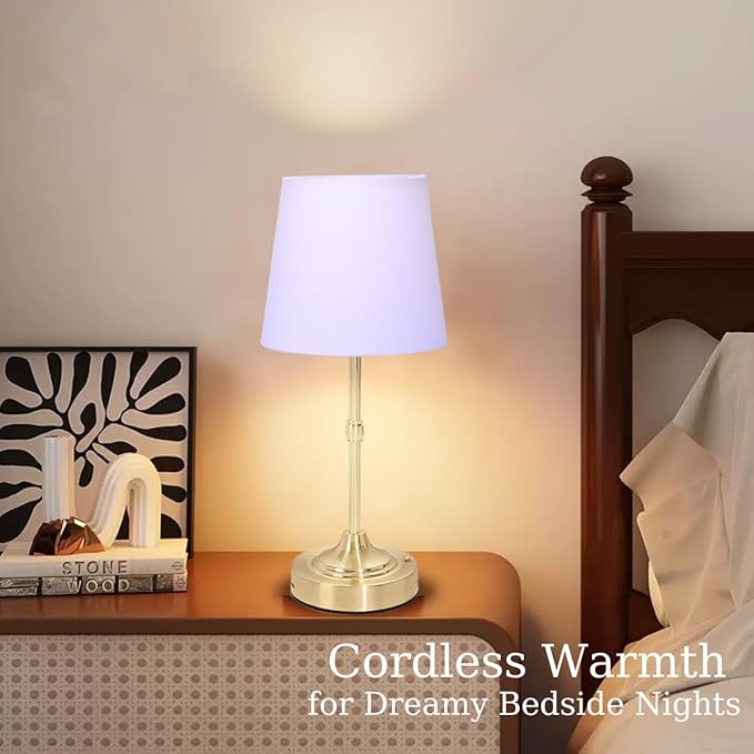 Cordless Lamp, Rechargeable Battery-Operated Lamp with Fabric Lampshades, 2 Pack Dimmable Desk Lamps for Kitchen, Bedroom, Living Room, Nightstand, Balcony, Home Décor (Gold)