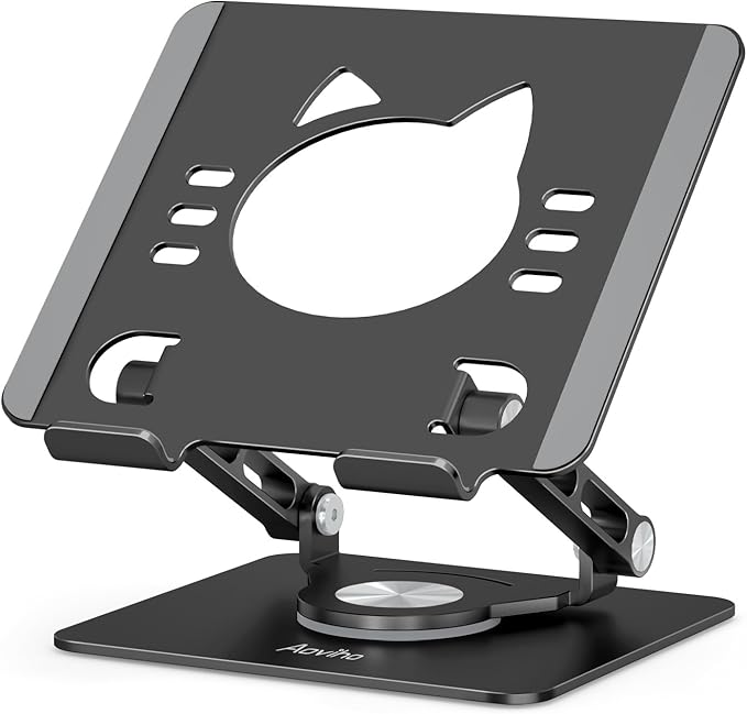 Tablet Stand 360° Rotating Aluminum Holder, Adjustable, Portable and Foldable Monitors Stand for iPads, Compatible with 4-12.9" Tablets, Ink Black