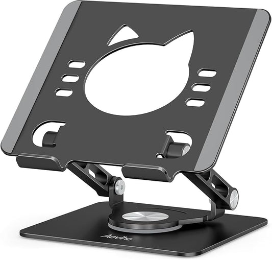 Tablet Stand 360° Rotating Aluminum Holder, Adjustable, Portable and Foldable Monitors Stand for iPads, Compatible with 4-12.9" Tablets, Ink Black