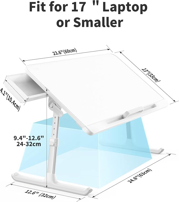 SAIJI Laptop Bed Tray Table, Adjustable PVC Leather Laptop Bed Table, Portable Standing Desk with Storage Drawer, Foldable Lap Tablet Table for Sofa Couch Floor (Large,White)