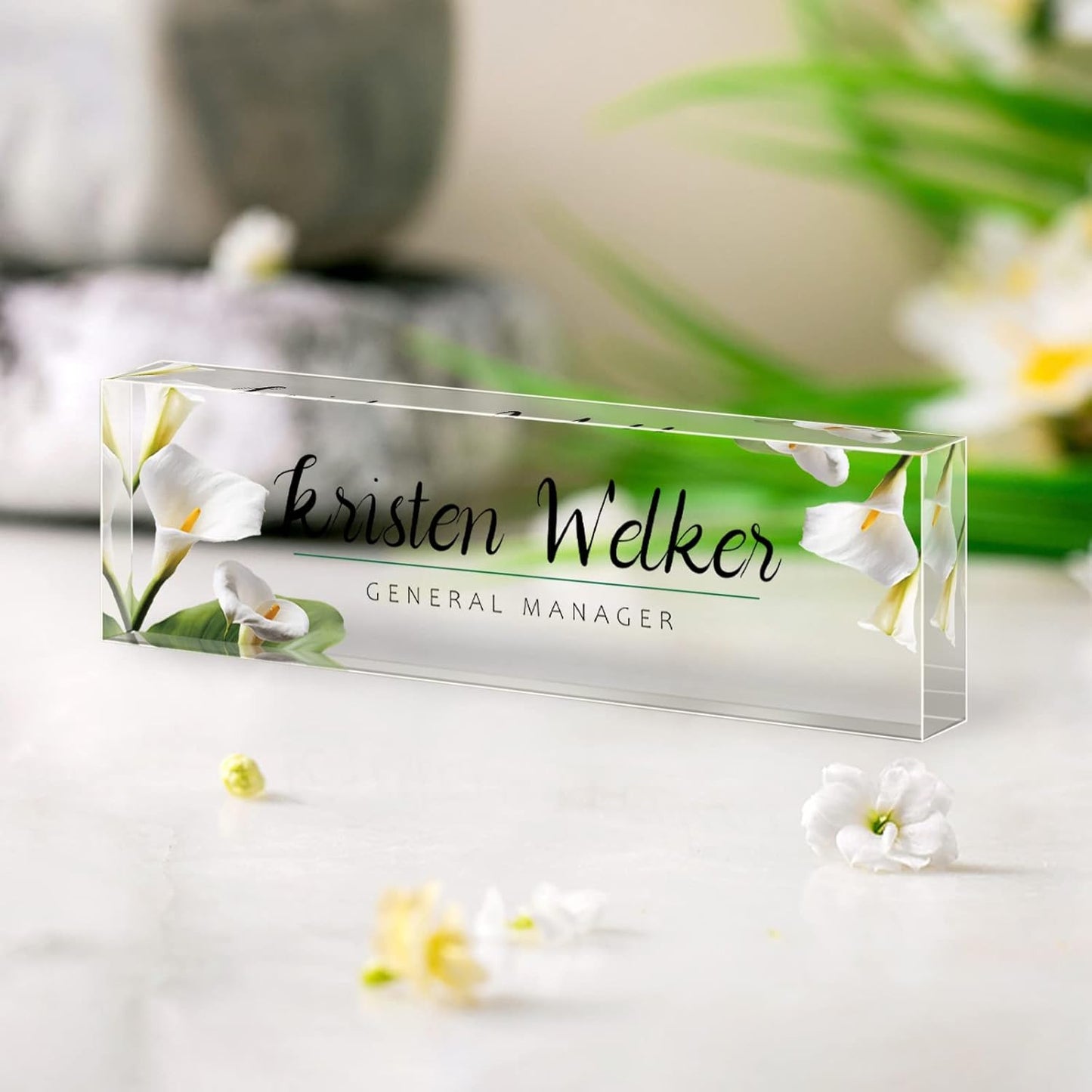 Desk Name Plate Personalized, Premium White Calla Lily Acrylic Desk Name Plate, Personalized Name Plate for Desk, Office Decor for Women or Men Coworkers, Boss, Employee, Teacher