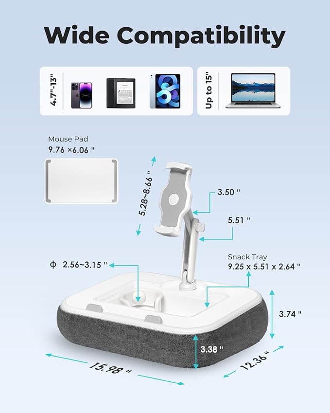 Viozon Kindle Pillow Stand Holder, Phone Holder for Bed, Laptop Lap Desk with Mouse Pad,Compatible with 4.7-13" Kindle/Tablet/Phone,10-15" Laptop, Snack Bowl&Cup Attachment&Detachable 360°Stand Arm