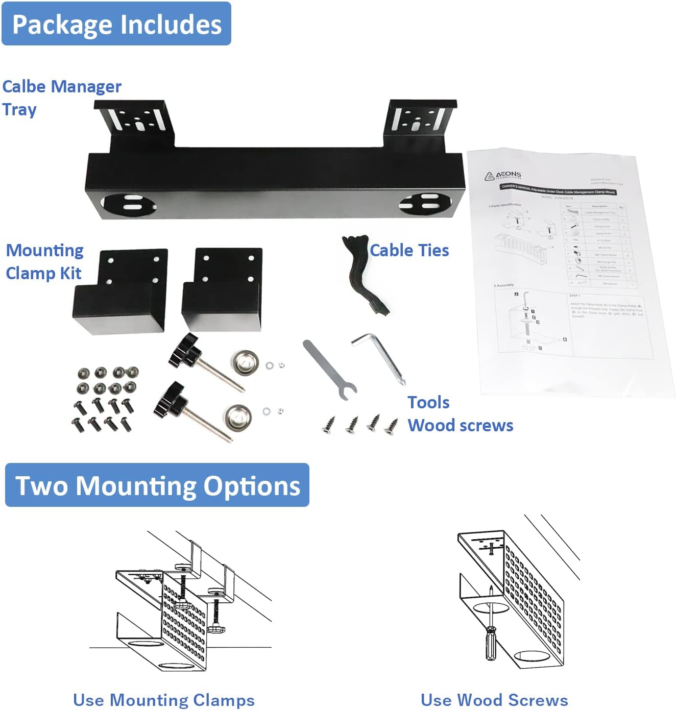 AEONS Under Desk Cable Management Tray Wire Cord Organizer Removable C Clamp Mount No Drill Computer Cord Raceway and Modesty Panel, Black, 16-inch
