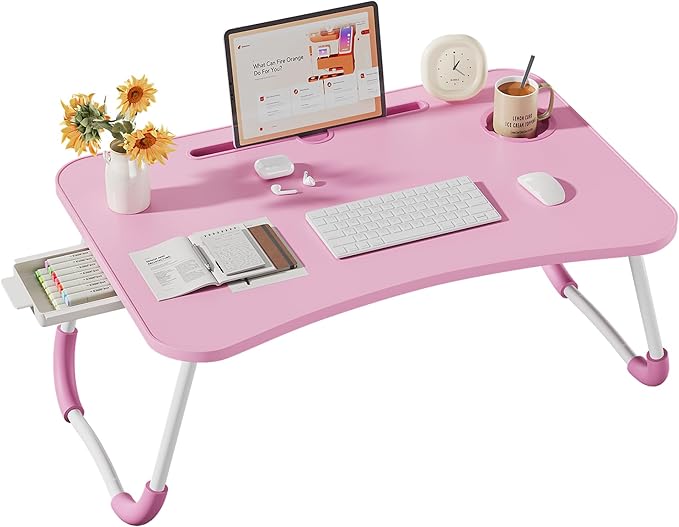 Lap Desk Bed Trays for Eating and Laptops Breakfast in Bed Tray for Sofa/Couch/Study/Reading/Writing with Cup Holder/Drawer On Low Sitting Floor Large Portable Foldable (Pink)