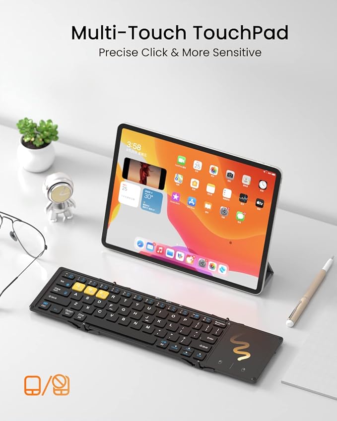 Foldable Bluetooth Keyboard, Wireless Portable Keyboard with Larger Touchpad, Pocket-Sized Folding Travel Keyboard for MacOS Android Windows iOS, Sync Up to 3 Devices (BT5.1 x 3)