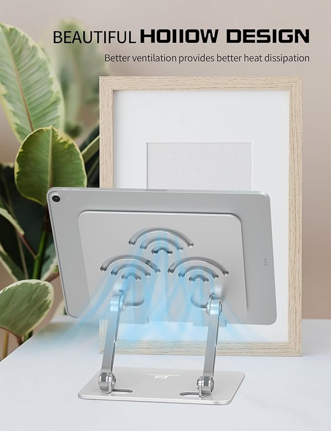 Adjustable Tablet Stand for Desk, Premium Aluminum Holder for iPads, Tablets, Kindles, Switch, Phones, and All Devices up to 14 Inches. Portable and Foldable Silver, Plus Size