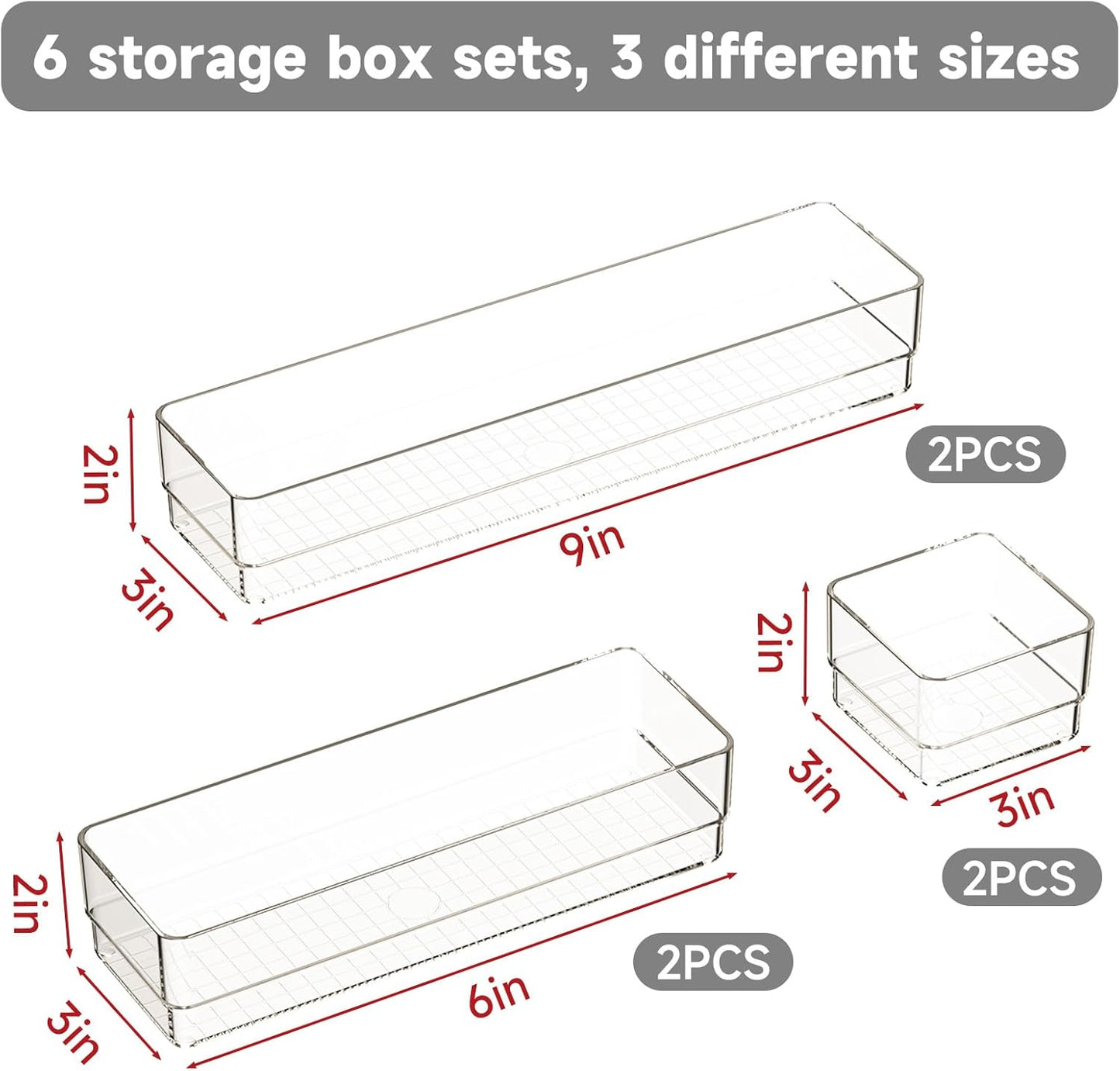 6 PCS Clear Plastic Drawer Organizer Set, 2 Sizes Acrylic Drawer Storage Trays Non Slip Storage Bins for Makeup, Jewelry, Gadgets for Kitchen, Bedroom, Bathroom, Office