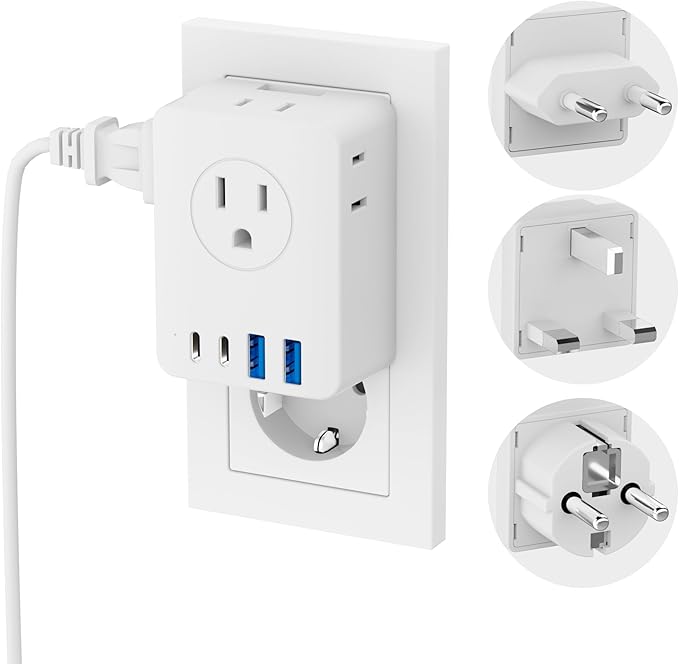 European Travel Plug Adapter, Detachable Adapter Type C/G/E/F Plug, 4 AC Outlets, 4 USB Ports (2 USB C), EU UK Germay France Greece Travel Plug Adapter